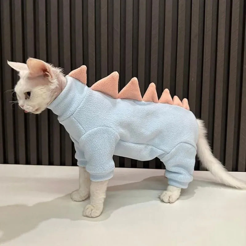 Fleece dinosaur costume for hairless Sphynx and Rex breed cats in multiple sizes