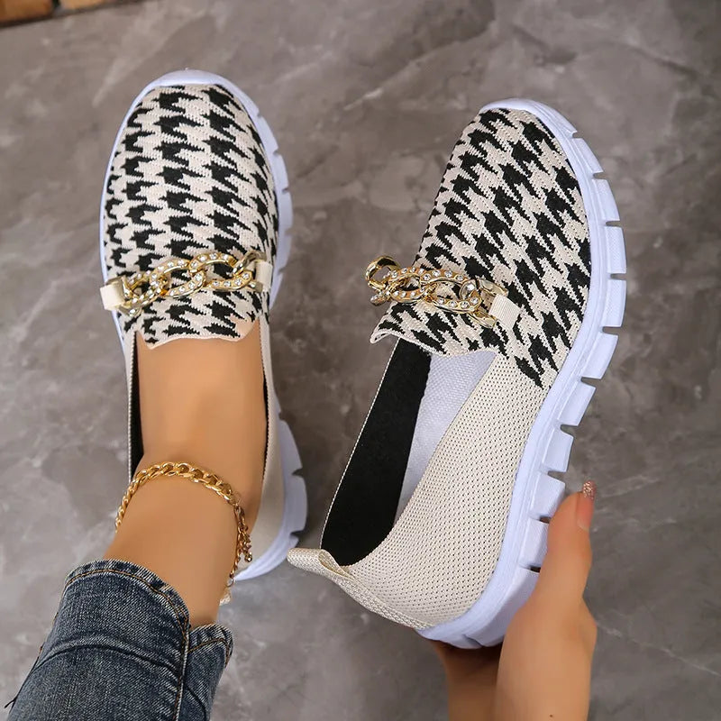 Casual houndstooth print chain mesh shoes for women, breathable round toe loafers with platform heel, rubber sole - orange red and white colours
