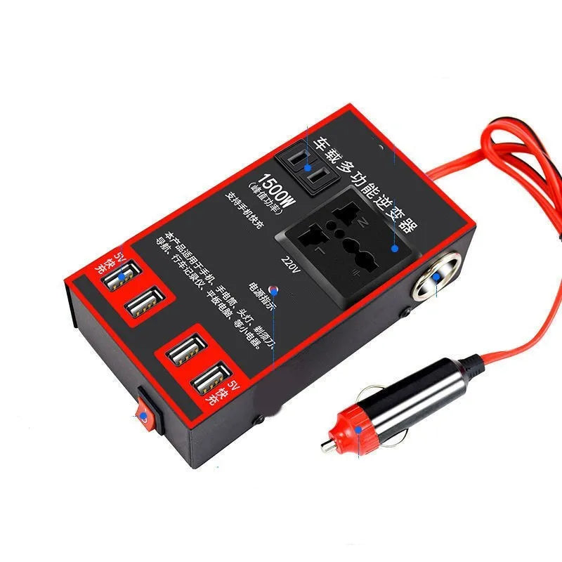 Black automotive power converter for 12V and 24V vehicle systems converting to 220V AC with USB charging ports
