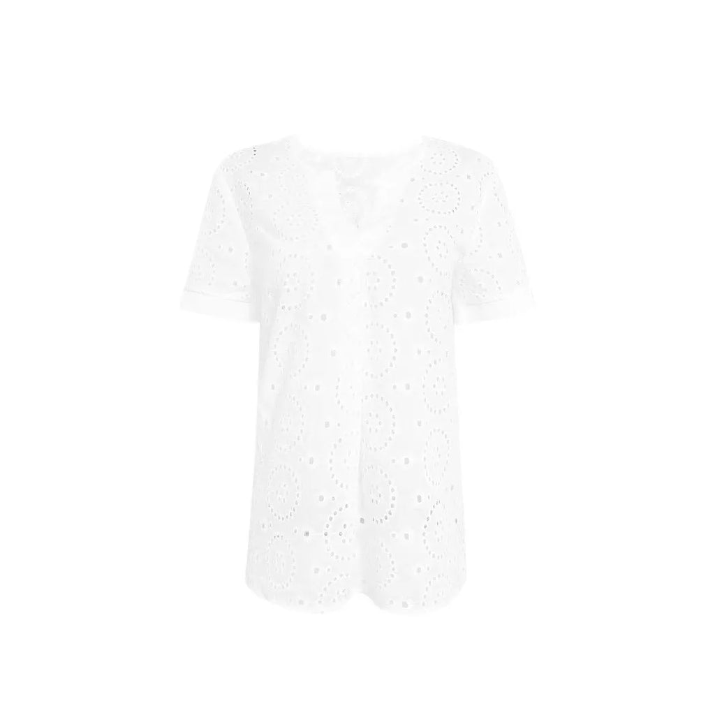 White women's V-neck T-shirt with a textured hollow-out crochet pattern on the front, featuring short sleeves and a loose fit.
