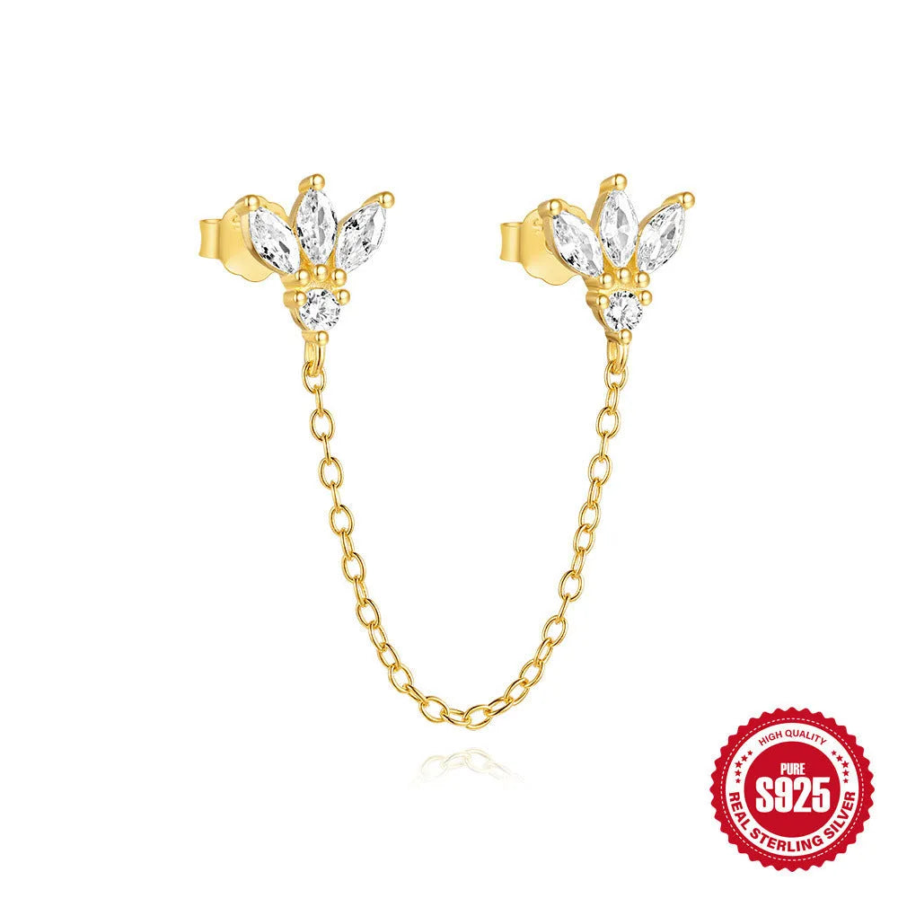 S925 sterling silver geometric earrings with zircon inlay in clover, crown, double piercings and chain horse eye designs