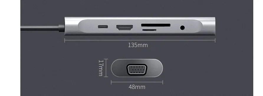 Grey aluminium USB-C docking station with multiple ports including HDMI, VGA, and USB, showing its 140mm attached cable.