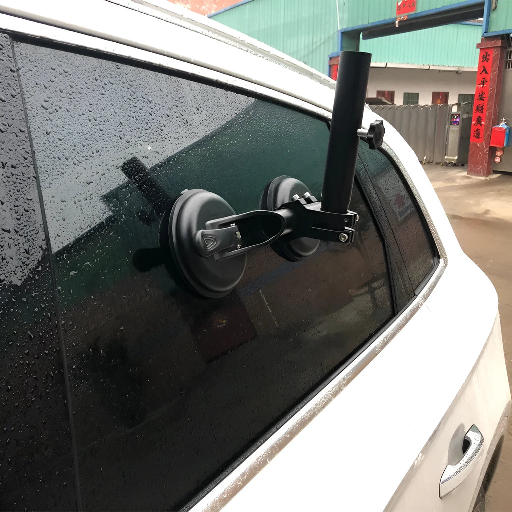 Black off-road car windscreen sucker base with a round glass suction cup and heavy rubber disc.