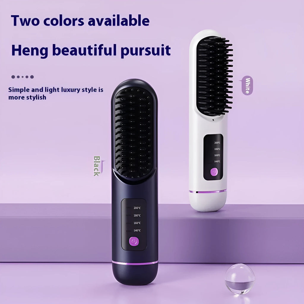 Portable negative ion hair straightening comb in ABS plastic, showing white, dark blue and grey colour options.