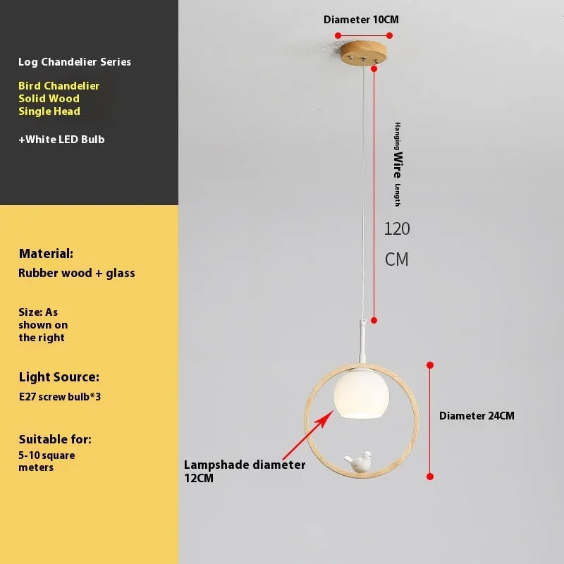 Nordic solid wood bird pendant light for corridor or staircase, single head style, simple modern design