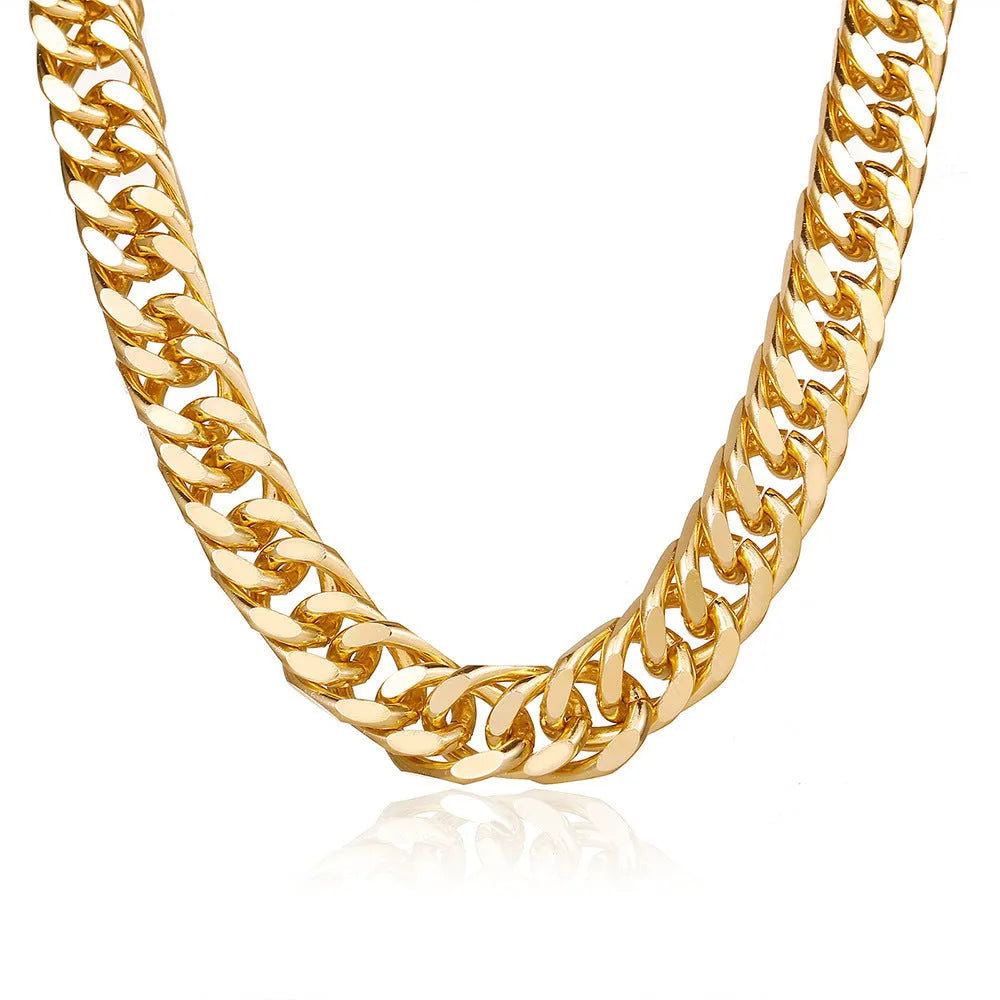 Gold women's thick link chain necklace, 32cm long with 6cm wide alloy links and dense electroplating.