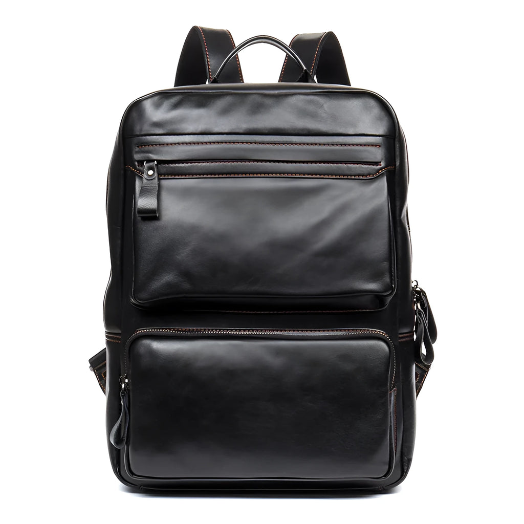 Large black cowhide leather backpack with vertical square shape and shoulder straps
