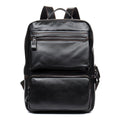 Large black cowhide leather backpack with vertical square shape and shoulder straps