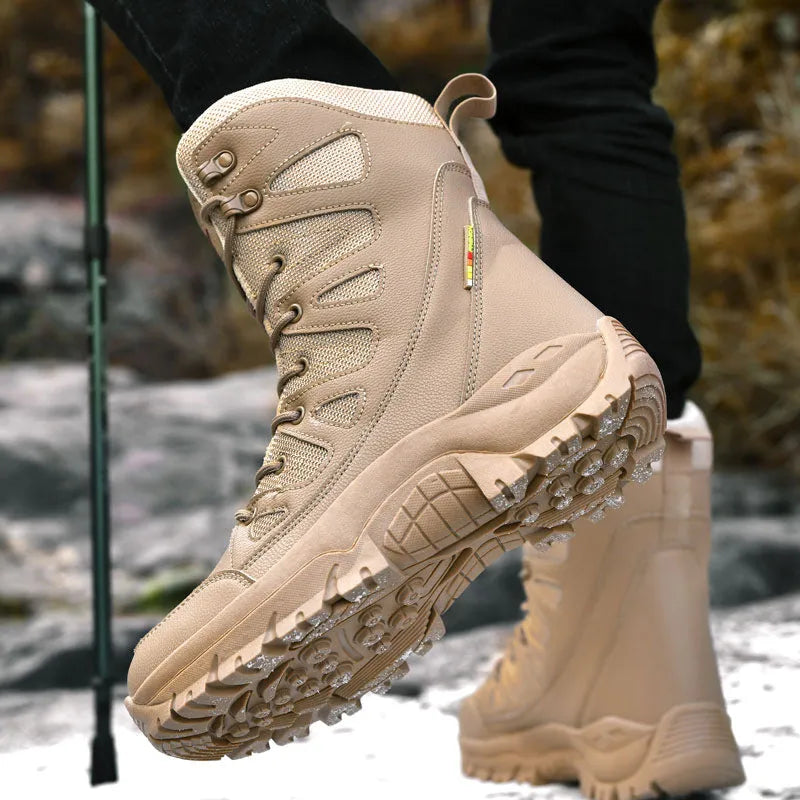 Cowhide hi-top hiking shoes for men in black, brown, or beige with platform sneaker design