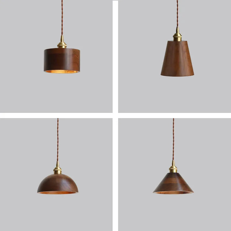 Black walnut and copper single-head droplight chandelier suspended from a ceiling.