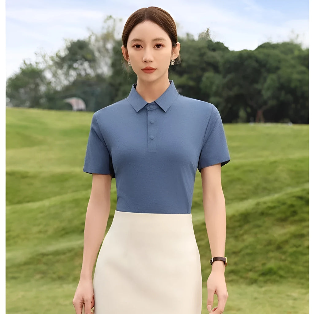 Sorona seamless short sleeve polo shirt in chemical fibre blend, shown in multiple colours.