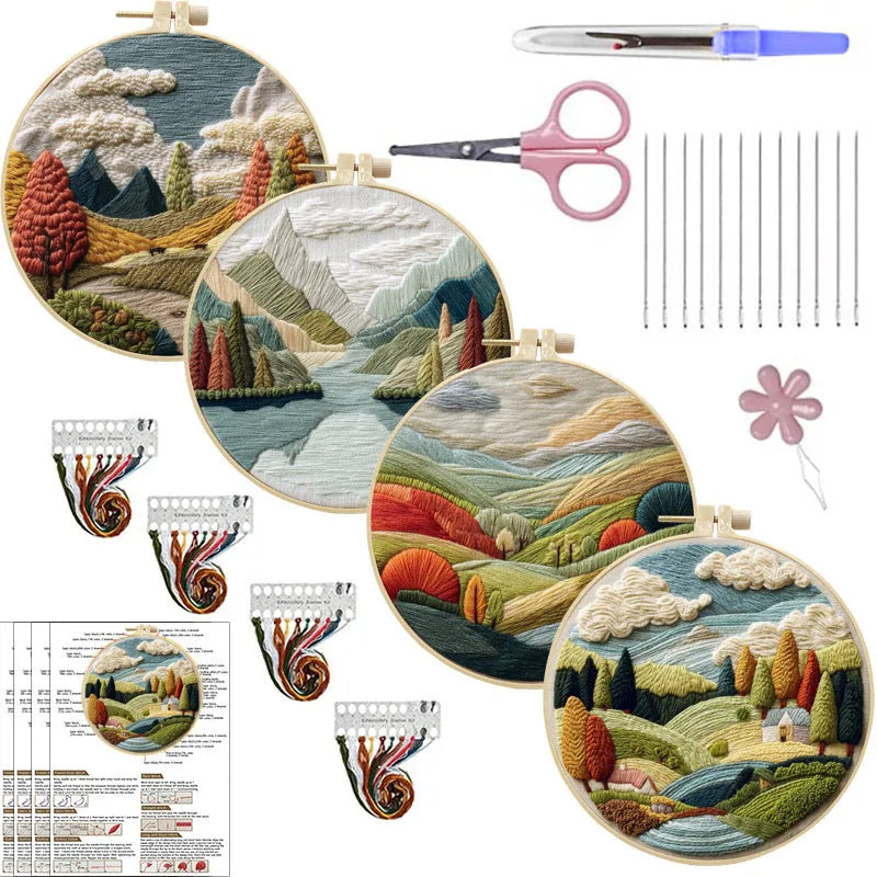 Embroidery DIY kit with landscape designs on cotton fabric, bamboo frame, thread, and needles