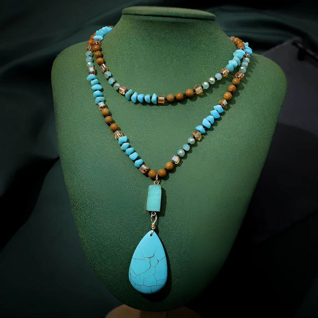 Turquoise blue heart-shaped water drop pendant necklace with mixed gem inlays on ball bead chain