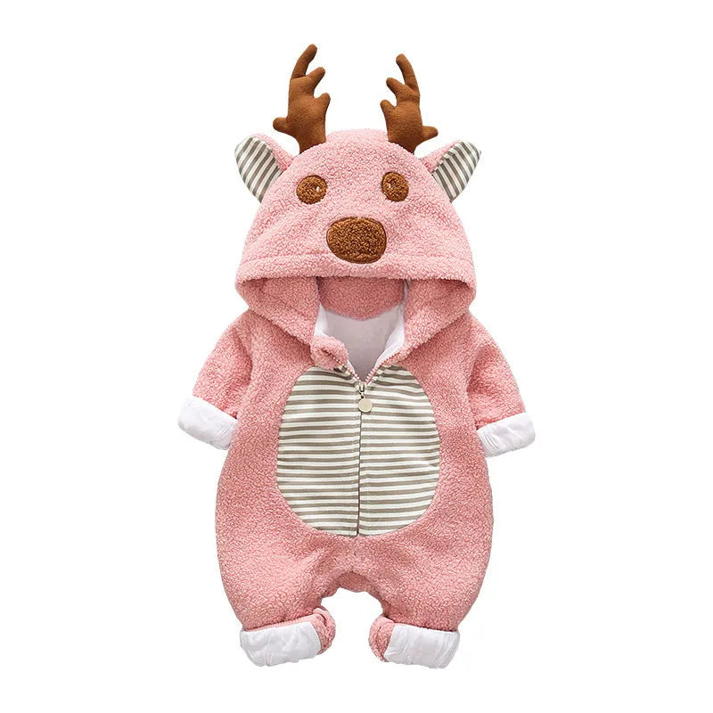 Long sleeve cotton baby romper with lace-up chest closure in khaki, pink or white.