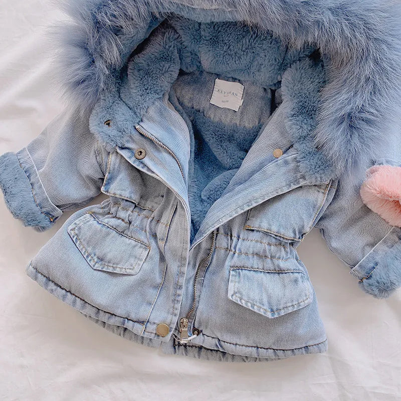 Blue girls denim coat with non-detachable hood and fleece lining.