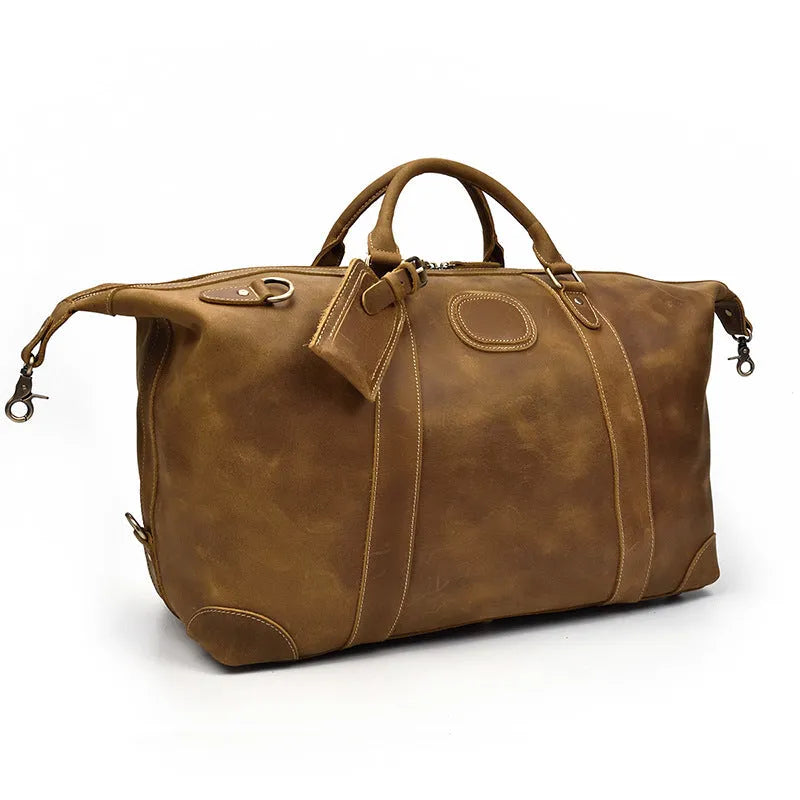 Crazy horse leather large capacity luggage bag in dark brown, 45cm length, with first layer cowhide construction