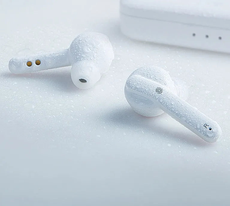 Black and white true wireless earbuds with charging case, showcasing compact plastic design for Bluetooth audio