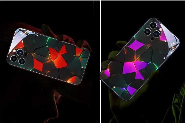 Xpress 14 iPhone case with illuminated lightning diamond pattern on tempered glass back