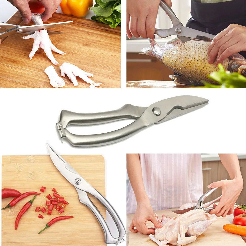 Silver stainless steel kitchen shears 25cm with serrated blade and ergonomic handle for cutting poultry bones