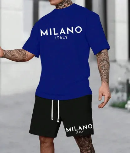 Casual polyester short sleeve suit set in blue, showing the pullover top and shorts on a hanger.