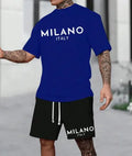 Casual polyester short sleeve suit set in blue, showing the pullover top and shorts on a hanger.