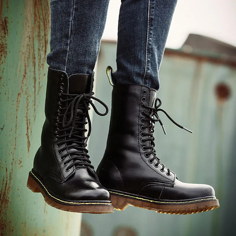 Men's brown leather lace-up casual boots with round toe and flat heel