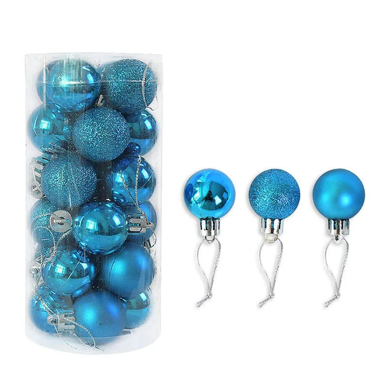 Assorted shiny red, gold, silver, and blue 3 cm Christmas baubles in a box and a storage barrel.