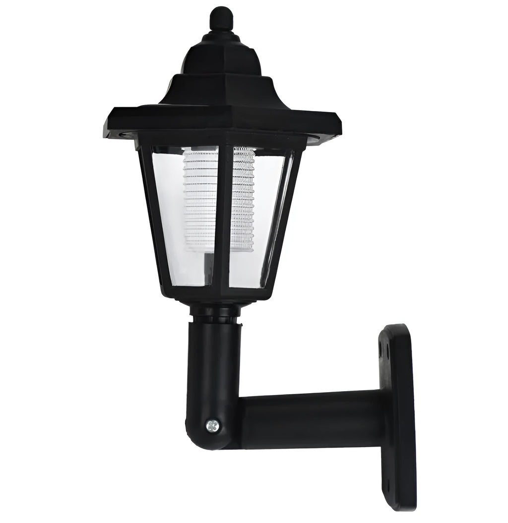 Black hexagonal solar wall lamp with automatic light sensor for outdoor installation