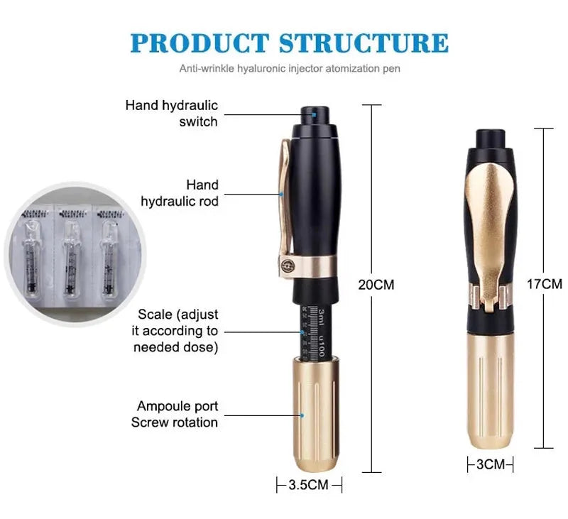Black hyaluronic acid needle-free injection pen with adjustable depth 6-8mm and dose control 0.05-0.3ml
