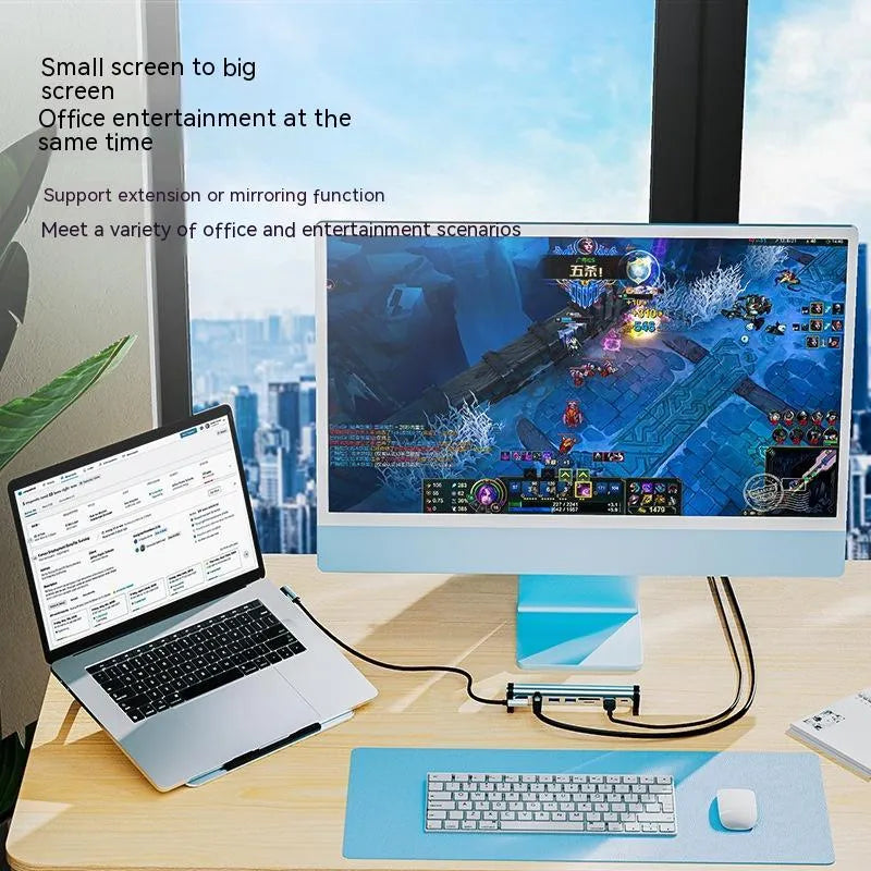 Aluminum alloy notebook docking station with bracket stand, showing USB 3.0 ports, USB-C PD port, and a 0.4m cable.