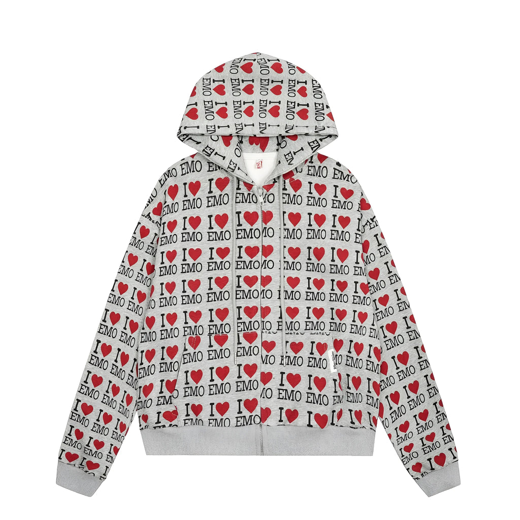 Women's melange grey retro pattern hooded cardigan sweater on a hanger.
