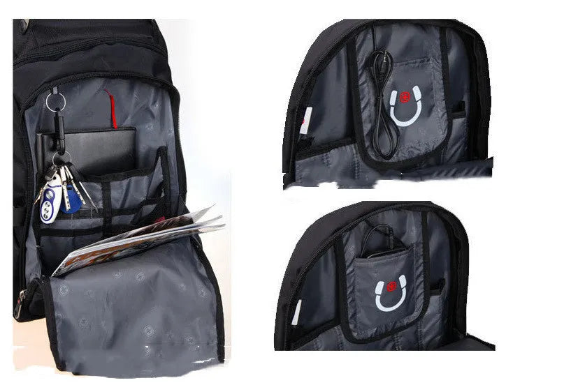 Black travel outdoor backpack with metal hardware and polyester construction, waterproof and breathable design