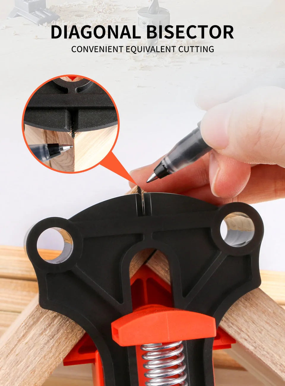 Four plastic 90-degree right-angle woodworking clamps for picture frame assembly.