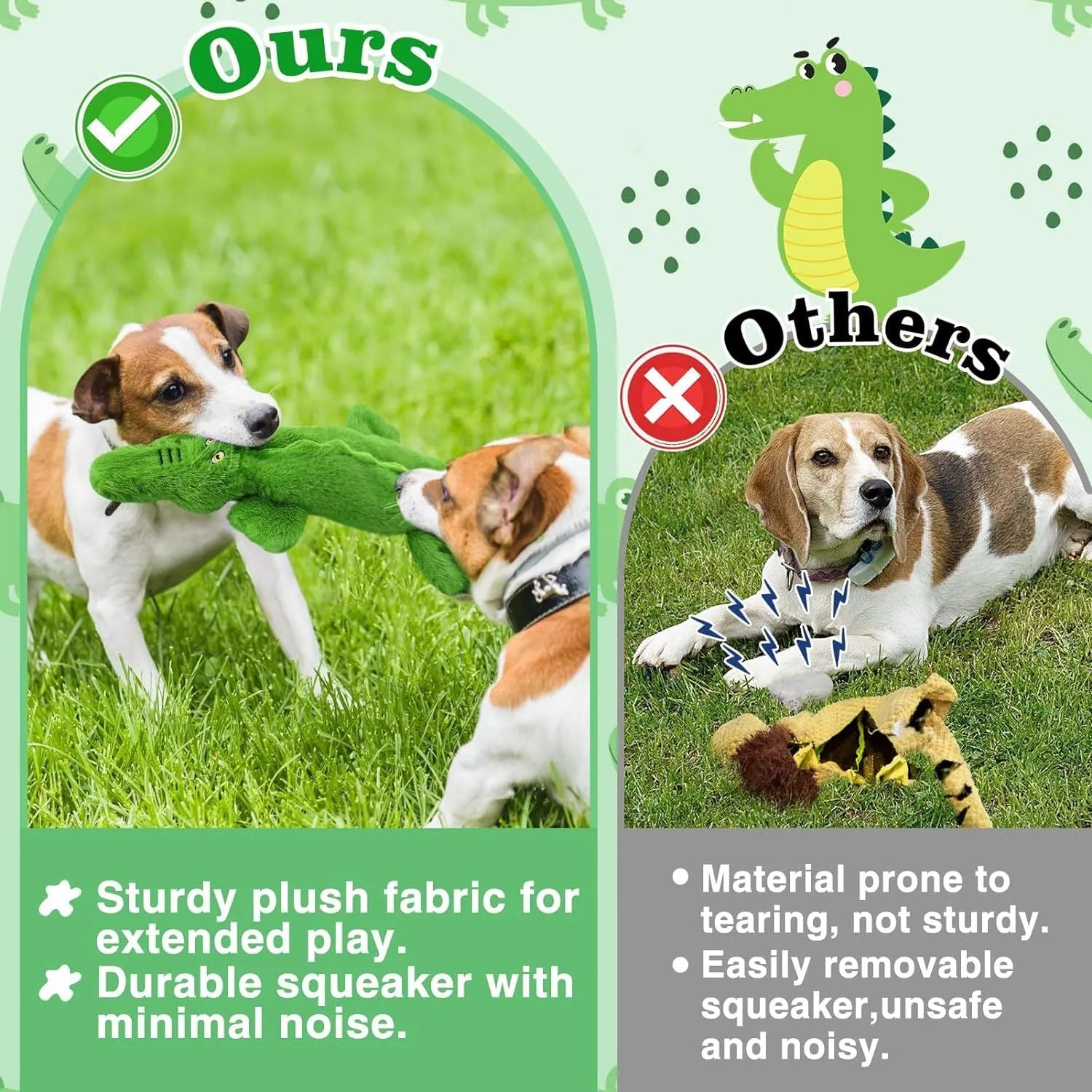 Green plush crocodile dog toy with no stuffing, squeaker in head, crinkle paper in tail, for aggressive chewers