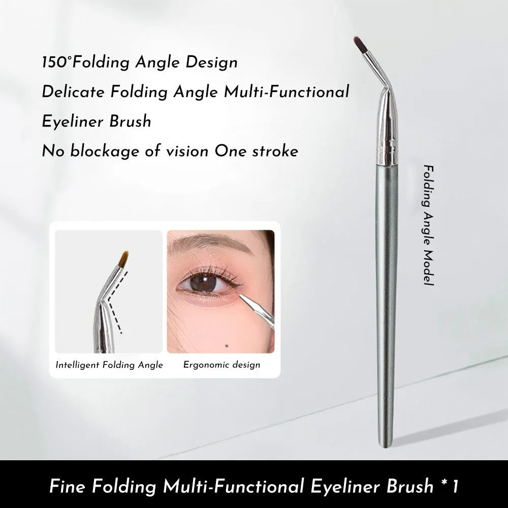Angled bend head eyeliner brush with fine synthetic bristles and wooden handle for detail makeup.