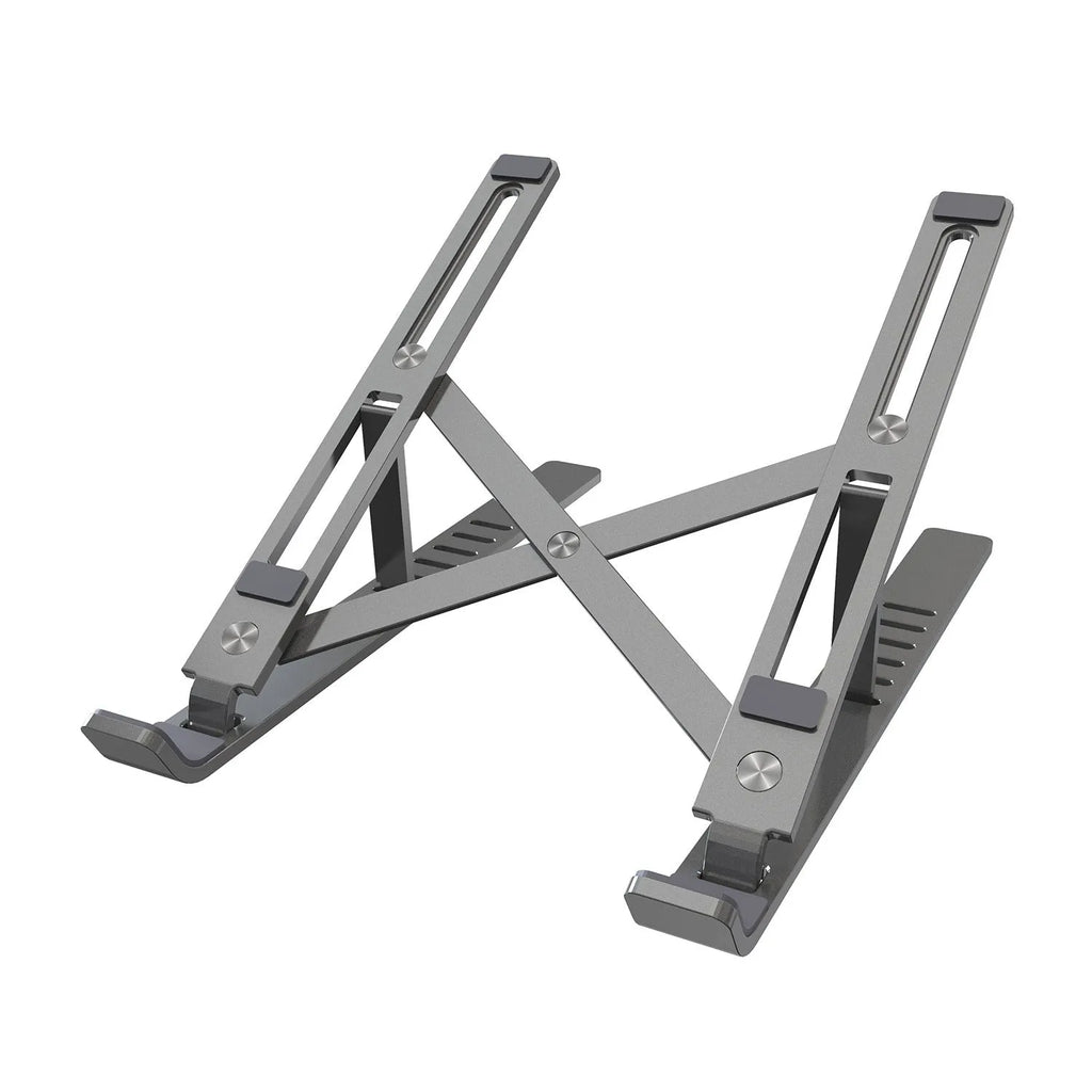 Aluminium laptop stand shown in silver colour with six height adjustment positions visible