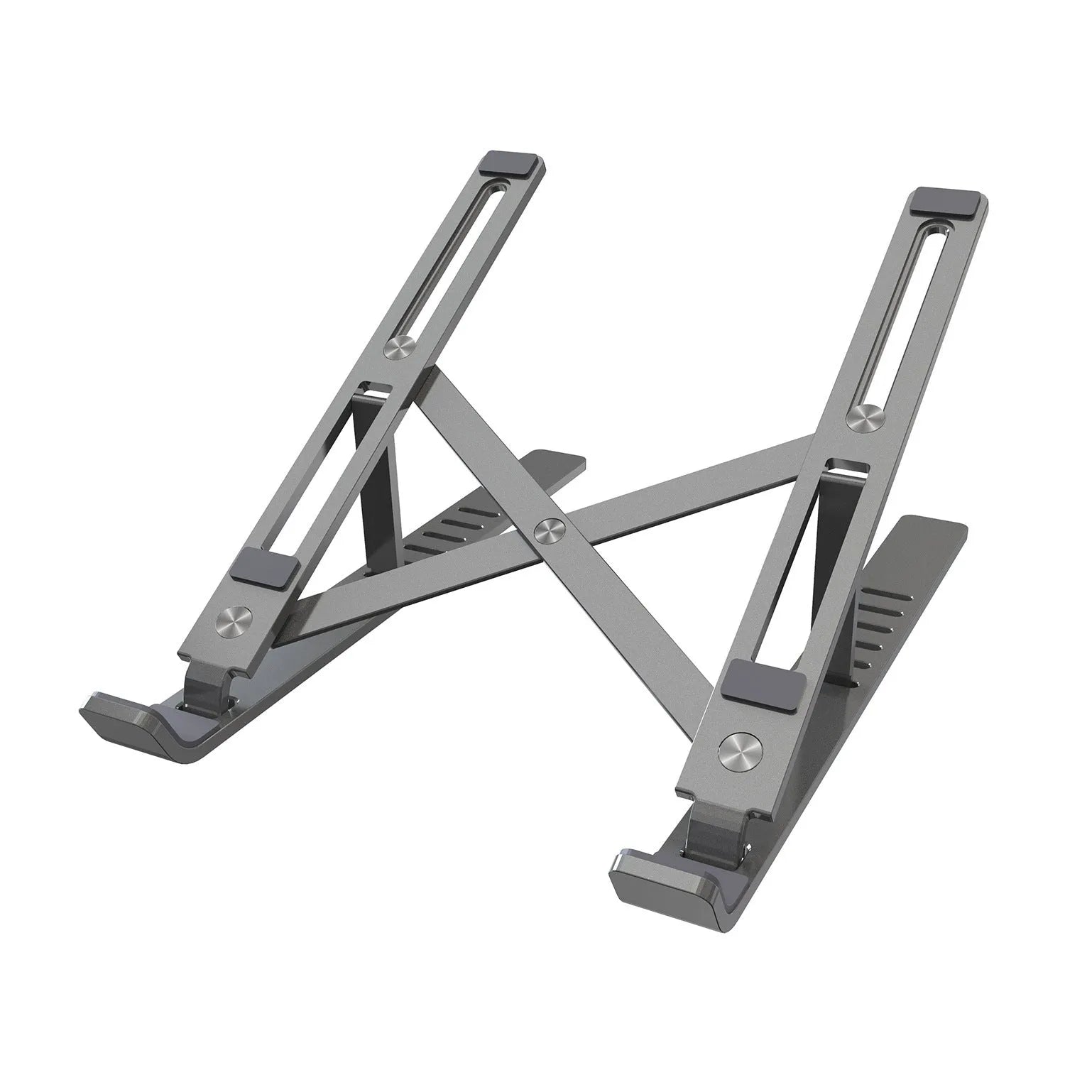 Aluminium laptop stand shown in silver colour with six height adjustment positions visible