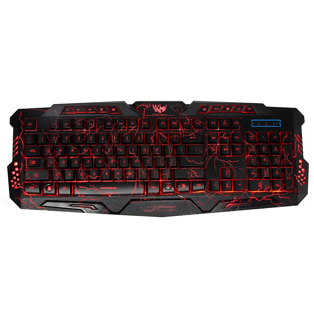 Black backlit game crack keyboard with red, purple, and blue adjustable lighting and anti-slip base