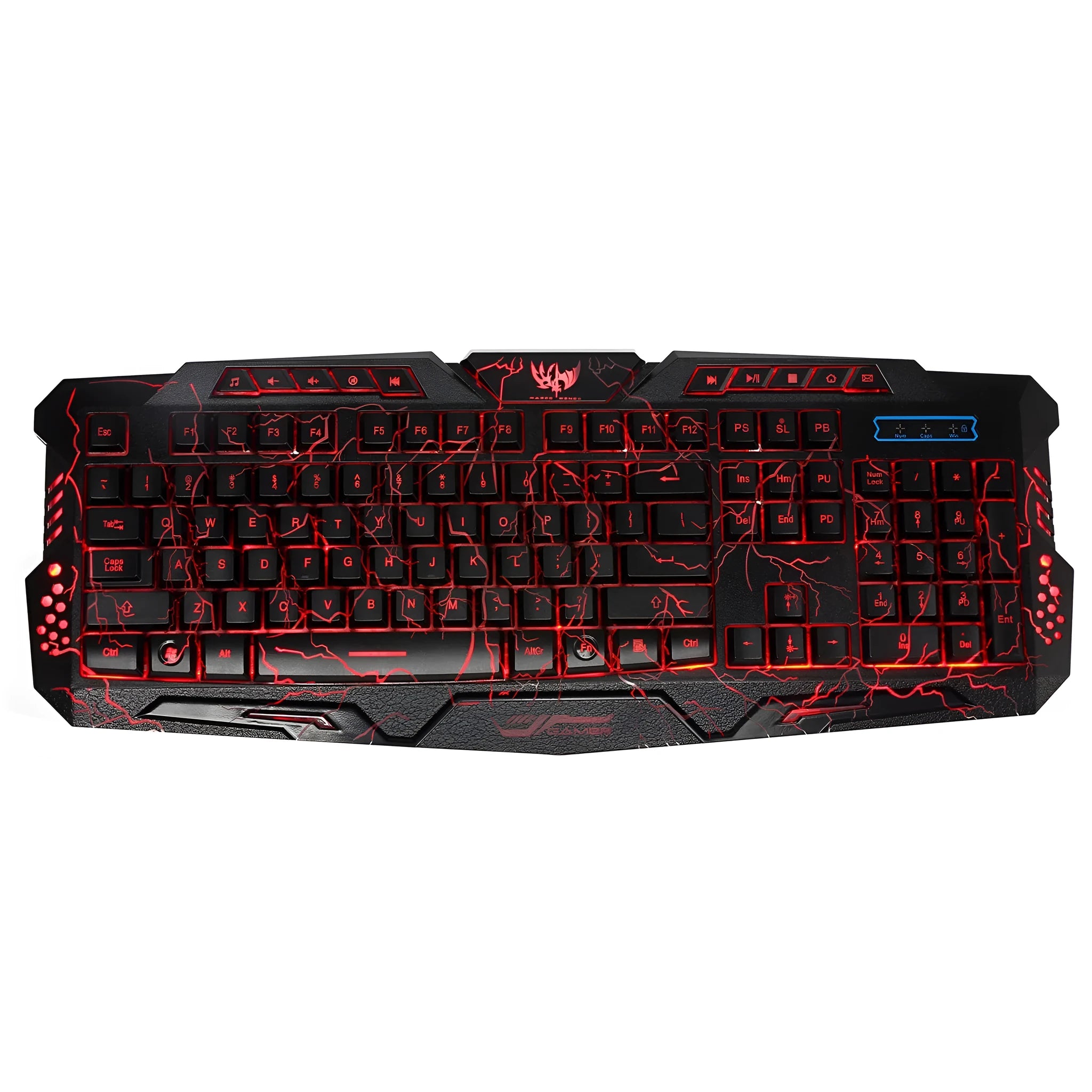 Black backlit game crack keyboard with red, purple, and blue adjustable lighting and anti-slip base