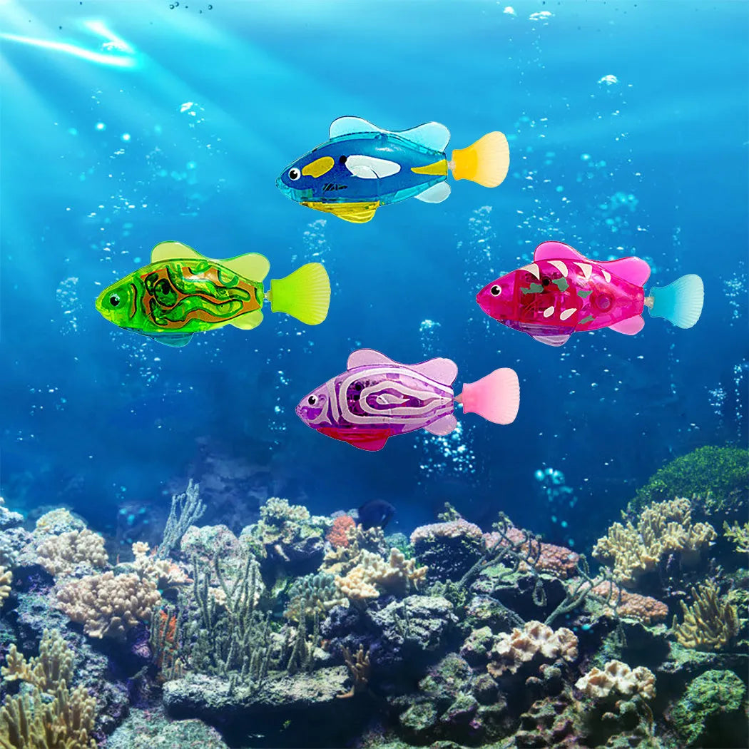 Electronic LED cat toy fish with swimming motion and light-up grass section