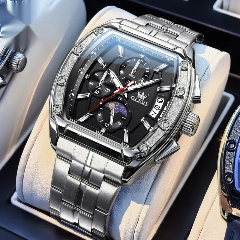 Men's quartz watch with stainless steel strap, luminous dial, moon phase and calendar, 42mm barrel case, blue or black