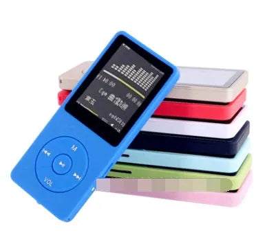 Compact black MP4 player with a 1.8-inch colour screen, showing a music playlist interface.