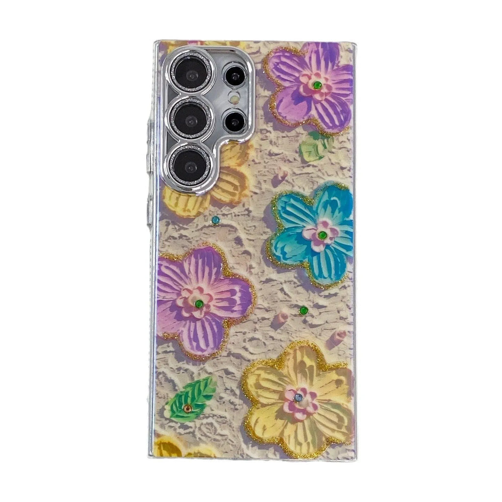 Rhinestone oil painting flower phone case for Samsung in purple large flower design with TPU acrylic back cover
