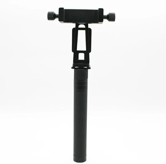 Retractable metal selfie stick with rubberised grip handle and smartphone mount, shown extended.
