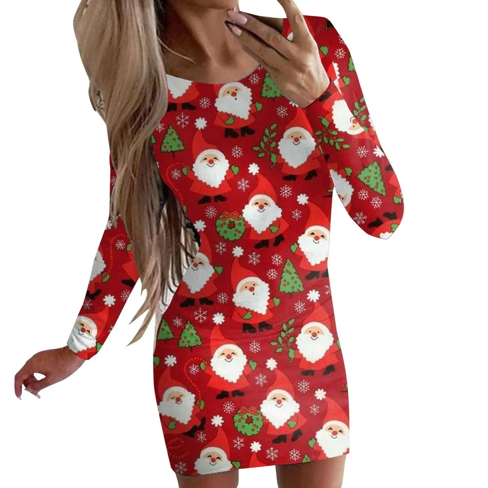 Women's tight-fitting Christmas dress with floral print, round neck, long sleeves, and short hip skirt.