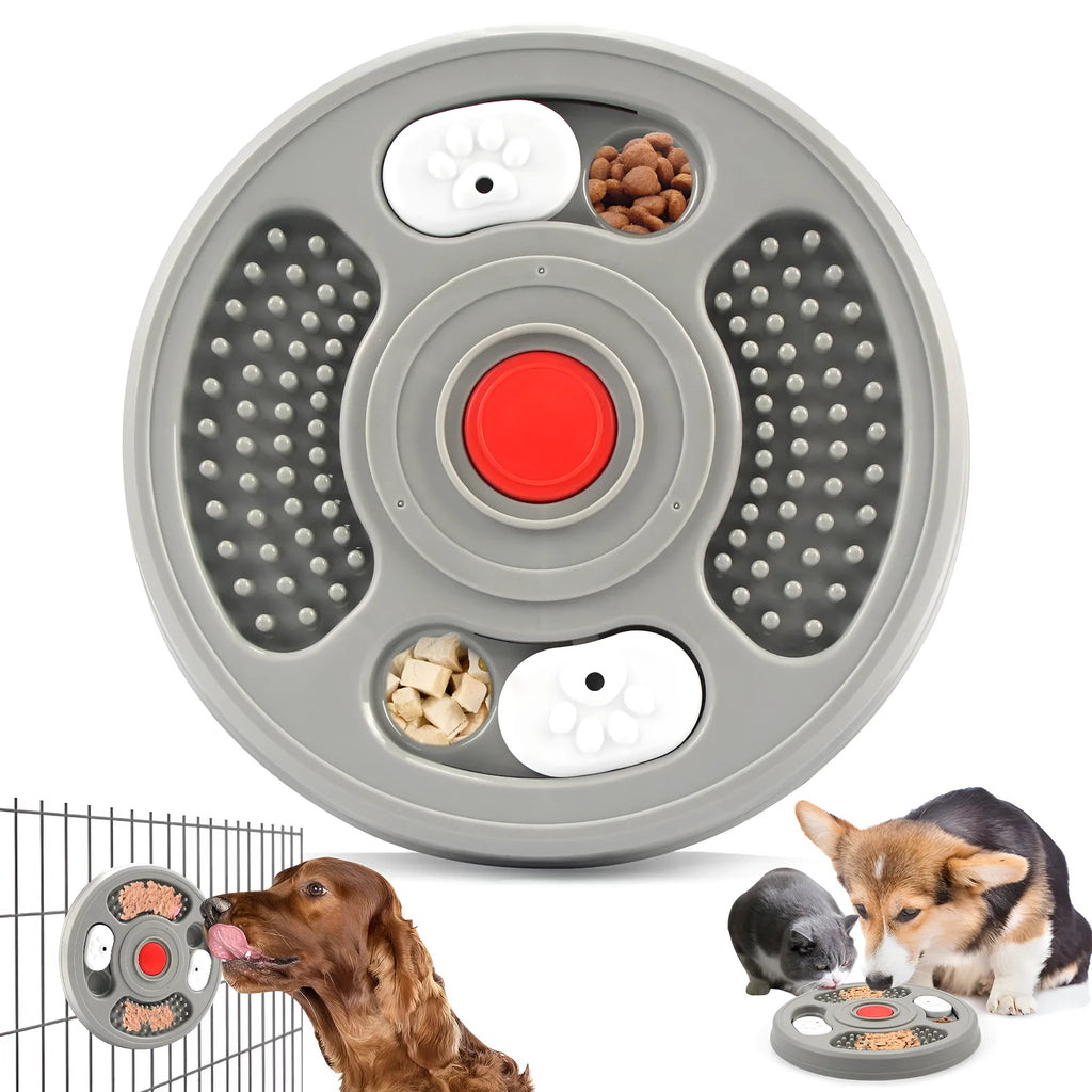 Blue and grey plastic slow feeder bowl for pets with anti-slip base and textured feeding surface.