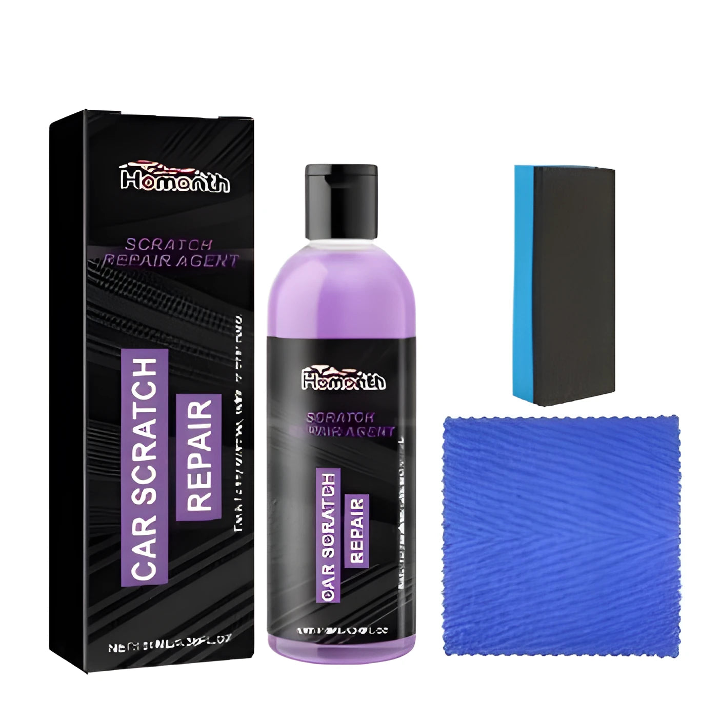 Scratch repair agent kit with 100ml bottle, applicator sponge, and microfiber cloth for surface restoration