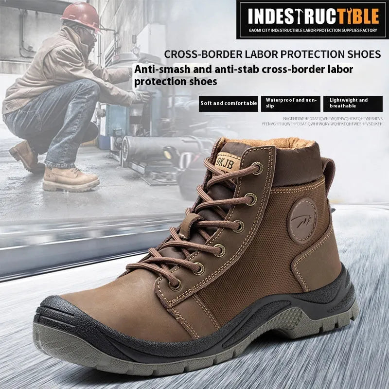 Lightweight orange leather labour protection safety shoes with rubber sole on a work site background.