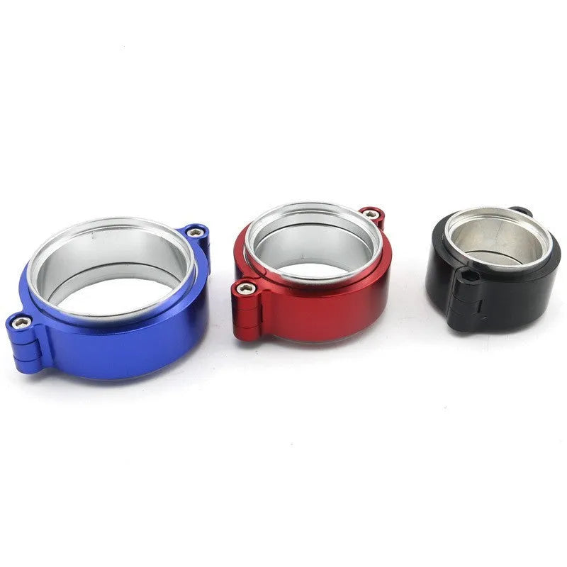 Aluminium fixed movement clamp for car exhaust modification in black, blue, or red.