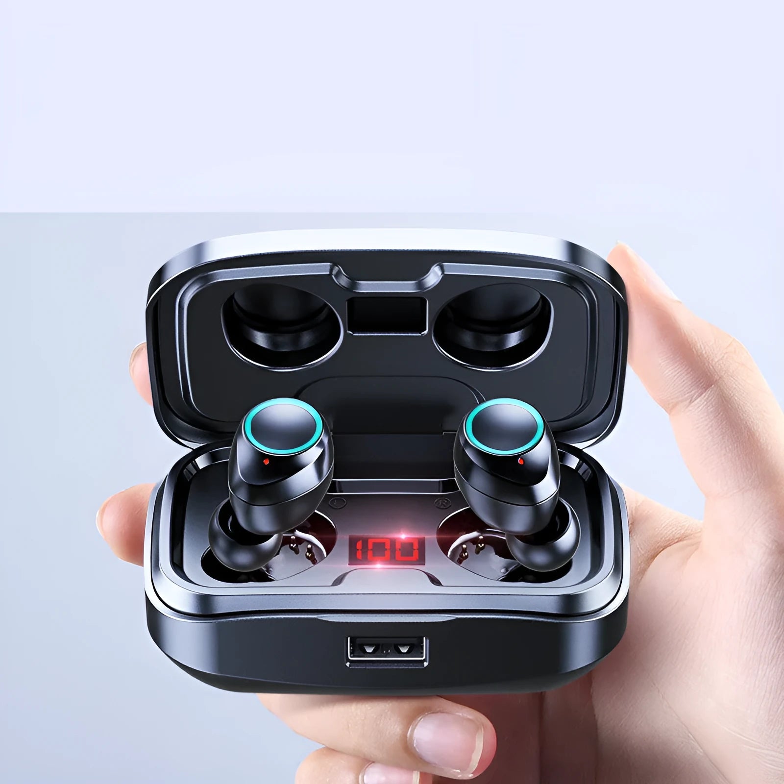 Wireless in-ear Bluetooth earphones in black, blue, or red colours, showing private mould design.
